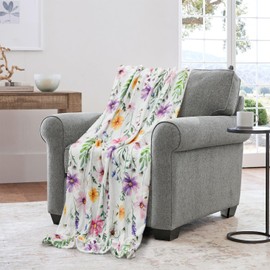 Horaldaily Spring Flannel Blanket 50x60 Inches Watercolor Wildflowers Fleece Blanket Throw, Soft Lightweight Plush Cozy Blankets for Bed, Sofa, Couch, Travel, Camping