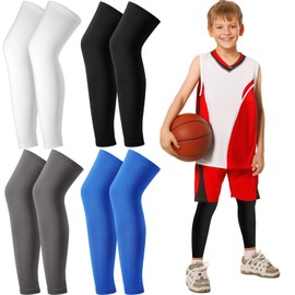 Cptoion 4Pairs Kids Leg Sleeves,Long Compression Leg Sleeves,Non Slip UV Protection Full Length Leg Sleeves for Kids Boy Girl