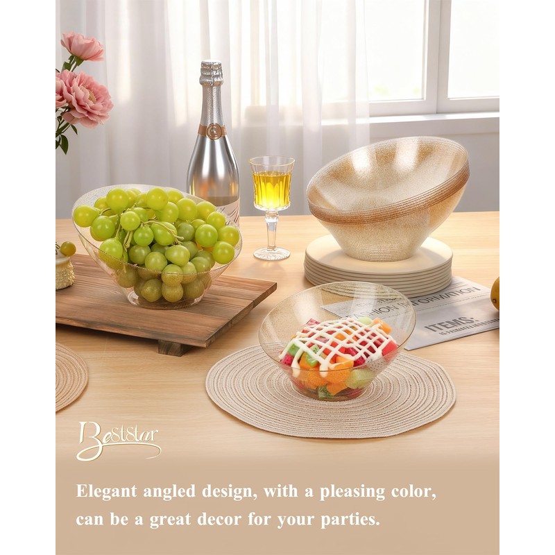 BESTSTAR Clear and Gold Gliter Plastic Serving Bowls 8 Pack
