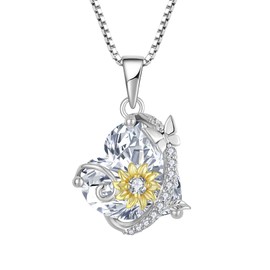 Oskani Butterfly Sunflower Heart Necklace for Women, 925 Sterling Silver Cubic Zirconia April Birthstone Pendant Jewelry, Birthday for Wife Her