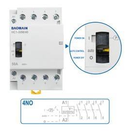 Baomain 24V AC 4-Pole Contactor, 50A 4NO Normally Open, DIN Rail Mount - Manual & Automatic Switchable for HVAC, Motor, Pump, Lighting HC1-50M/40-24VAC