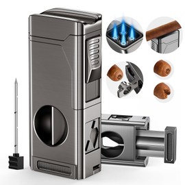 Tesonway Cigar Torch Lighter, 4 Jet Flame Cigar Lighter with Cigar Cutter V Cut Cigar Accessories Cigar Holder Cigar Punch Cigar Draw Enhancer, Windproof Refillable Butane Lighter, Cigar Gifts for Men