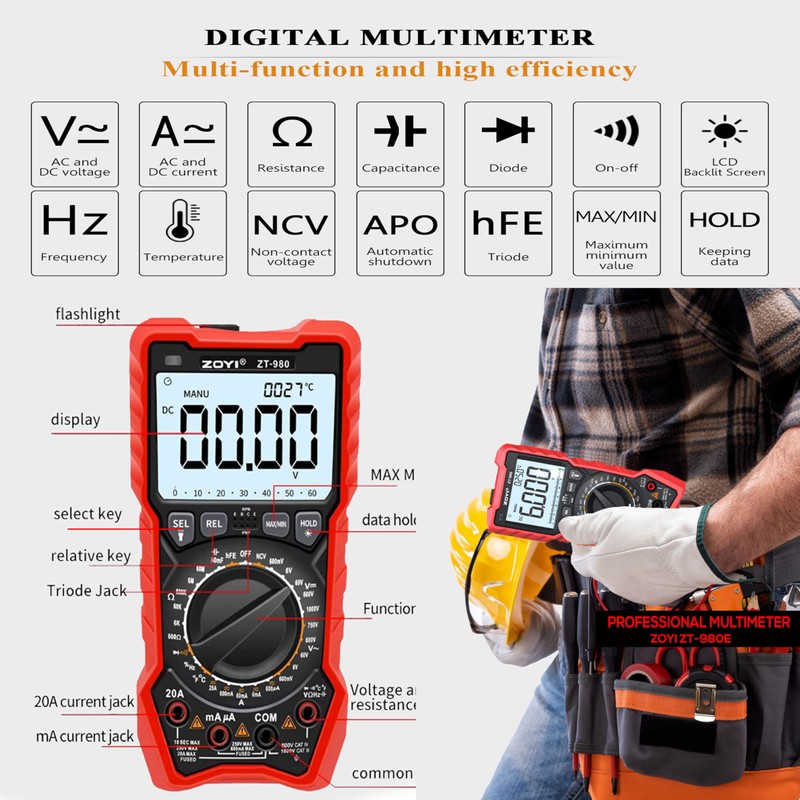 ZOYI ZT-980E Digital Multimeter, 6000 Counts, TRMS Multi Meters Electrical