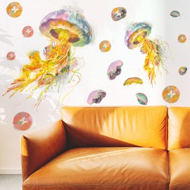Runtoo Wall Sticker Jellyfish Colourful Wall Sticker Underwater World Fish Wall Sticker Children's Room Baby Room Bathroom Wall Decoration
