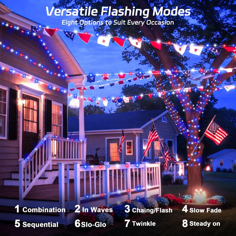 cshare Red White and Blue Solar Fairy Lights, Memorial Day