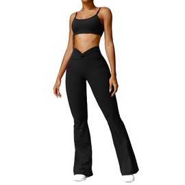 ABOCIW Workout Sets for Women 2 Piece Twist Back Scoop Neck Sports Bra Twist Waist High Waist Flare Leggings with Pockets Gym Sets Y-Twist Black Large