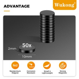 Wukong Black Neodymium Magnets, 10 x 2 mm, Pack of 50 Small Extra Strong Fridge Magnets, Rare Earth Magnets, Mini Magnets for Whiteboards, Fridge, Crafts, Magnetic Board and DIY Project