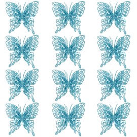 Mariposas artificiales con purpurina con clip, decoración de mariposas para decoración de árbol de Navidad, coronas, manualidades, paquete de 12 mariposas huecas de doble capa 3D de 5 pulgadas (azul