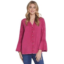 Tru Luxe Jeans Women's Button Front Top with Sleeve Smocking and Embroidery, Fuchsia