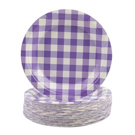 HFBOBP Pack of 50 Gingham Plates, 18 cm Checked Paper Plates, Checked Dessert Plates, Disposable Party Plates, Tableware for Picnic, Wedding, Birthdays, Camping Party Supplies, Decorations (Purple, 18