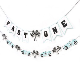 Fast One Birthday Banner - Racecar 1st Birthday Decorations,Fast One Party Banner, Racing Party Decoration (red) (blue)