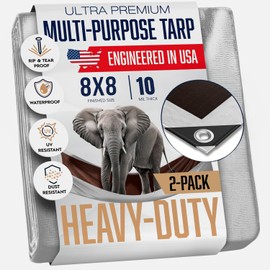 (2 Pack) 8x8 Heavy Duty Tarp, 10 Mil Thick, High Durability, Tear & Fade Resistant, UV Treated, Grommets Every 18 Inches