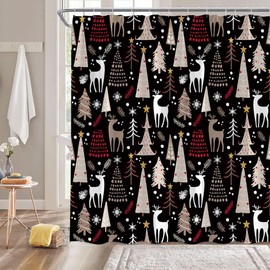 Christmas Shower Curtain Xmas Tree Deer Reindeer Snowflake Cute Winter Holiday Black Red Brown Fabric Curtain with Hooks for Bathroom Decor,70x70 Inch