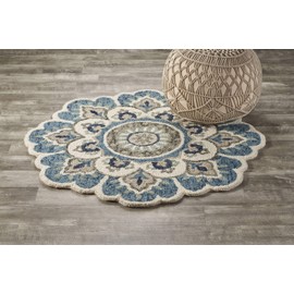 LR Home Edged Flora Area Rug, 6' Round, Ivory and Teal