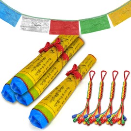 XSHAO® Tibetan Prayer Flags Tibetan Outdoor Prayer Flags with 4 auspicious Knots for Meditation Rooms/Outdoor Decoration and Buddhist Prayers, 5 m Long, 20 Flags Pack of 4