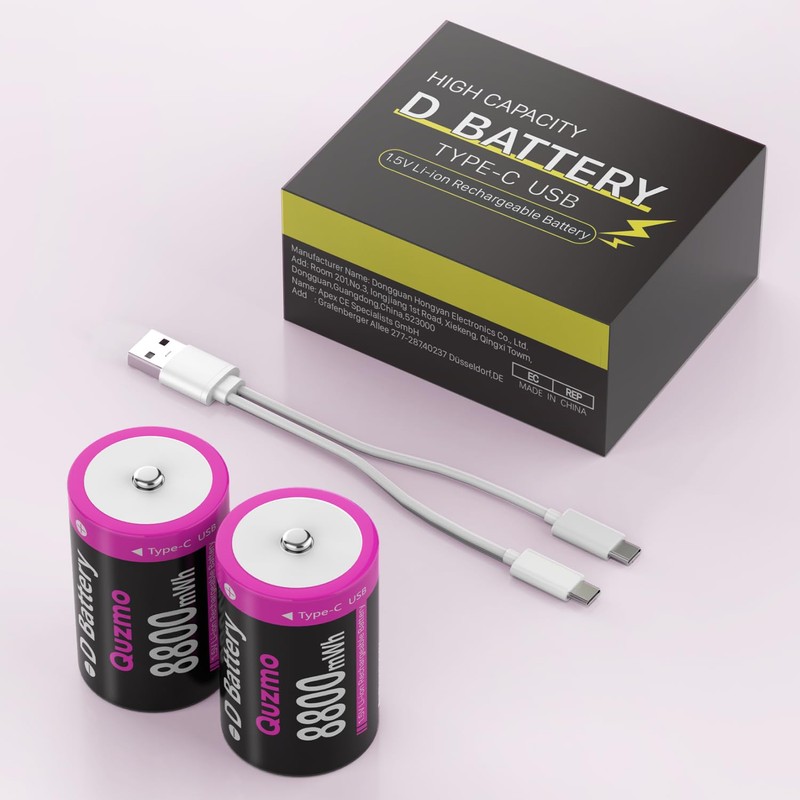 Quzmo Rechargeable Lithium D Batteries, 8800mWh 1.5V D Cell Battries