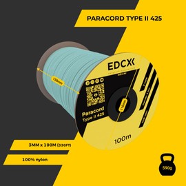 EdcX 3 mm Nylon Paracord 425 (15, 30, 50 and 100m) – 3 mm Type II, 100% Nylon Rope, 3 Strand Rope, 3 mm Nylon Rope in Many Colors (Skylight, 100 m)