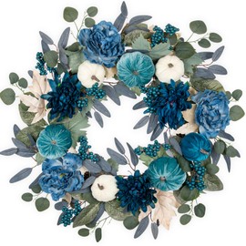 Briful 26" Blue Fall Wreath with Velvet Pumpkins, Faux Peonies & Eucalyptus – Artificial Autumn Wreath for Front Door, Wall, Indoor Thanksgiving, Wedding Decor