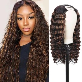 kloiynj U Part Wigs Human Hair for Black Women Highlight Ombre Deep Wave Human Hair 180% Density Brazilian Hair Full Head Clip in Half Wig V Part Glueless Wigs Human Hair Pre Plucked FB30(14 inch)