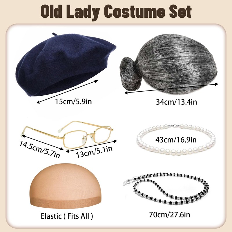 Tiwindx Old Lady Costume Outfit for Women Grandma Granny Wig