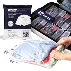Luvego Vacuum Bags for Travel - Pack of 12 - Travel Vacuum Bags for Clothes to Roll - 4 x 70 x 50 cm, 4 x 60 x 40 cm, 4 x 50 x 35 cm - Rollable Vacuum Bags for Travel, Compression Bags