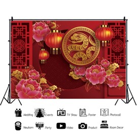 Pnylzzyxh Happy Chinese New Year 2025 Backdrop Pink Flowers Golden Snake Red Lantern Golden Snake Backdrop Chinese Traditional Spring Festival Banner Photography Background Studio Props 8x6ft