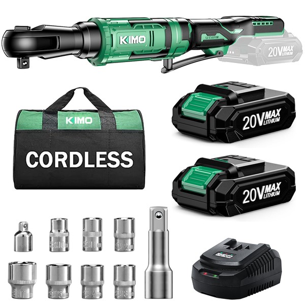 KIMO 1/2" Cordless Electric Ratchet Wrench Set - 74 Ft-lbs of Torque, 400 RPM, 20V Battery Powered Ratchet with 2 X 2.0Ah Lithium-Ion Batteries, Includes 7 Sockets, 3" Extension Bar, and 3/8" Adapter