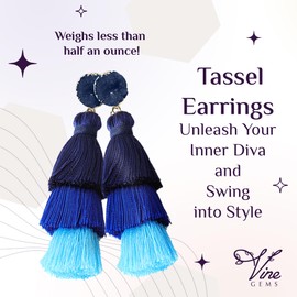 Vine Gems Blue Earrings for Women, Blue Tassel Earrings for Women, Blue Dangle Earrings for Women, Colorful Layered Tassle 3 Tier Bohemian Style, Blue Ombre