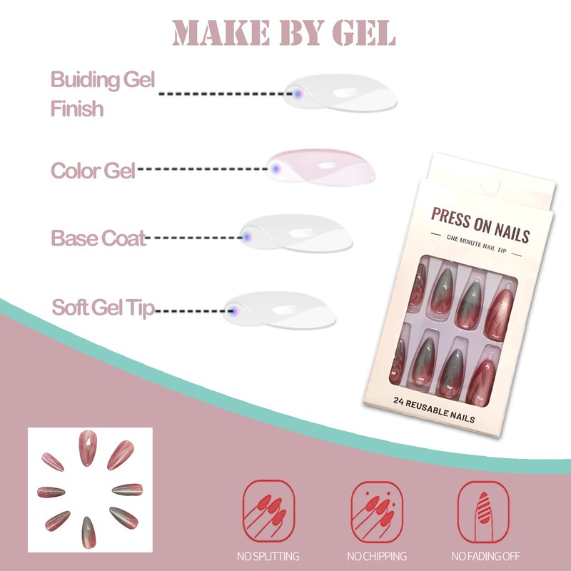 LYMCY Press on Nails Gradient Cat Eye Nails 24 Pieces