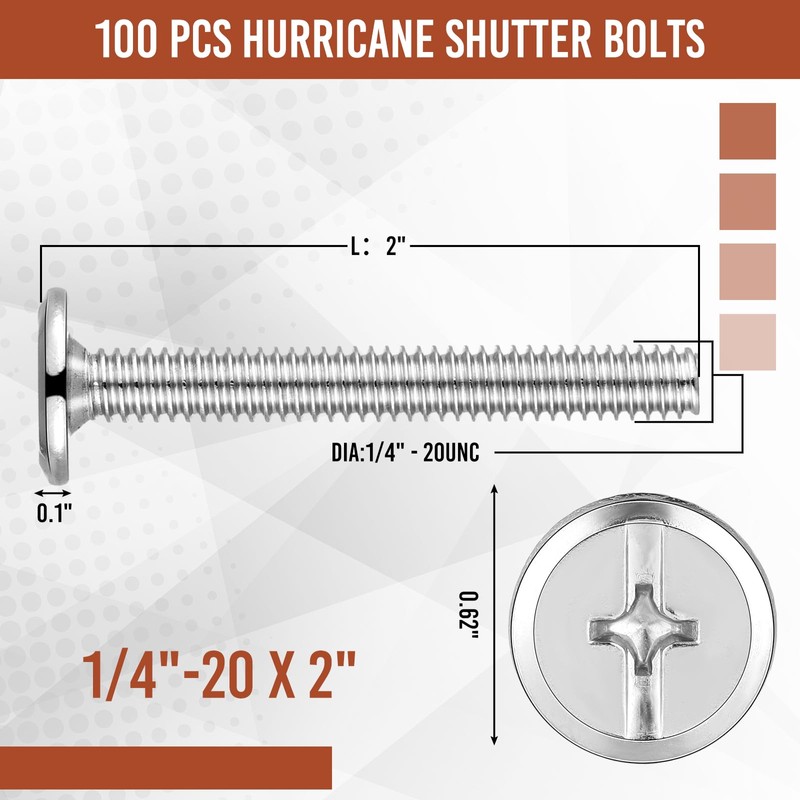 Blulu 100 Pcs 1/4"-20 Hurricane Shutter Bolts, Sidewalk Screws Bolts,