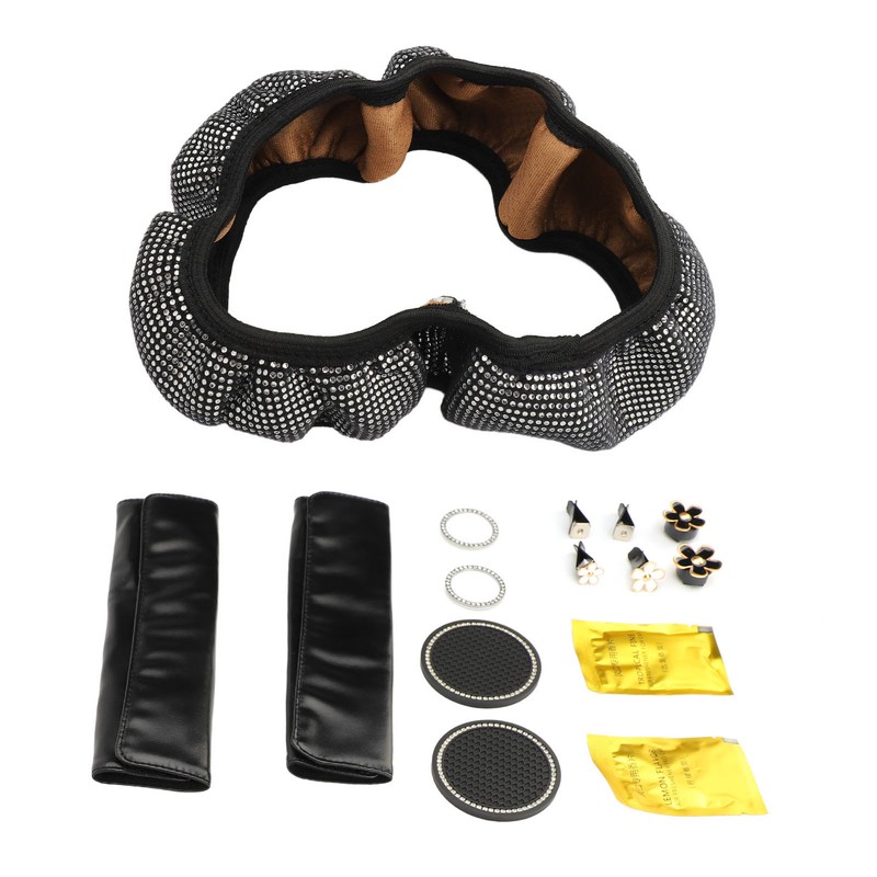 Bling Car Accessories Set Rhinestone Steering Wheel Cover Coaster Starter