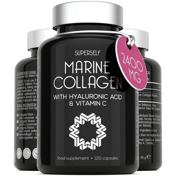 Marine Collagen Capsules 2400mg - Collagen Tablets with Hyaluronic Acid & Vitamin C - High Strength Collagen Supplements for Women & Men - 120 Capsules - Premium Collagen Complex for Skin Joints Hair