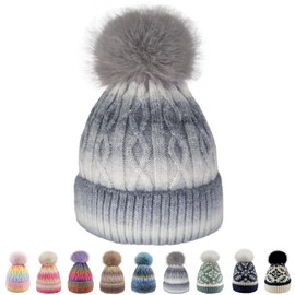 Women's Winter Beanie Hat -Cashmere Inner Layer Chunky Knit Pom-Pom Stocking Cap for Girls Cold Weather(Gradient Gray)