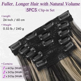BARSDAR Black Blonde Clip in Hair Extensions, 24 Inch Long Wavy Layered Clip in Hair Extensions for Women 5 PCS Lace Weft Voluminous Easy Wear Synthetic Wavy Black with Blonde Highlight Hairpieces