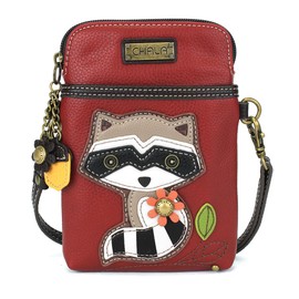 CHALA Woodland Animal Collection Cell Phone Crossbody Purse-Women PU Leather/Canvas Multicolor Handbag with Adjustable Strap - Raccoon - burgundy