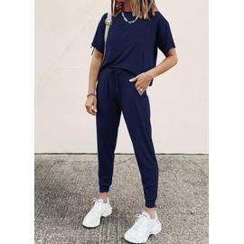 PRETTYGARDEN Women's Two Piece Lounge Sets 2025 Spring Summer Jogger Pants Vacation Outfits Travel Airplane Matching Clothes (Navy,Small)