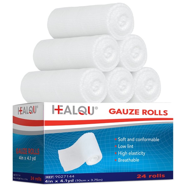HEALQU Premium Gauze Rolls - 24 Rolls - 4” x 4.1 Yards, Individually Wrapped Conforming Stretch Gauze Bandage - Super Soft Woven Stretch Gauze Bandages for Primary Wound Dressing Support