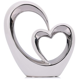 LCCCK Porcelain Double Heart Decor,White and Silver Sculpture Home Decor for Living Room Entryway Coffee Dining Table Shelves, Wedding Anniversary, Valentine's Gift for Couples & Lovers Modern