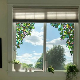 ChicSkin Original Hand Drawn Faux Stained Glass Window Hanging Cling, Green Stained Glass Window Film Decorative Leaves Bird Window Cling, Green Vine Bird Glass Window Stickers 15.75"X22.04"