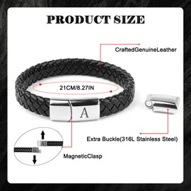 Men's Leather Bracelet Adjustable Length with Letters Stainless Steel Engraving A-Z Letter Bracelet Men Black Braided Leather Bracelet with Magnetic Clasp