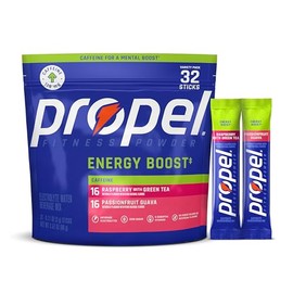 Propel Energy Boost Electrolyte Powder Drink Mix, 2 Flavor Variety Pack, (32 Servings), 118mg Caffeine, Zero Sugar, Gatorade Electrolytes, Vitamins, No Added Colors, No Artificial Flavors, Hydration