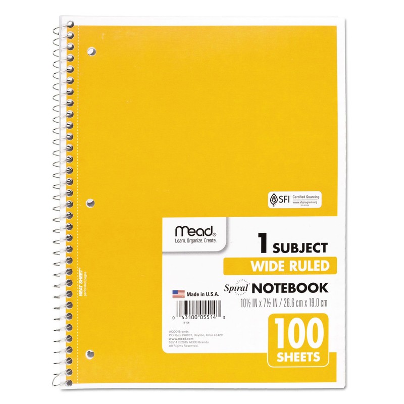 Mead Spiral Notebook, 1 Subject, Wide Ruled Paper, 100 Sheets,