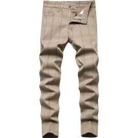 Boy's Khaki Chino Pants School Uniform Dress Plaid Skinny Fit Stretch Fashion Comfy Pants,1092,14