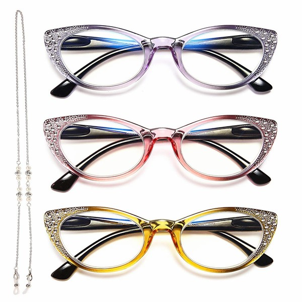 EYEURL-Gafas de lectura tipo ojo de gato para mujer con bloqueo de luz azul, paquete de 3 lectores de ordenador para mujer con bisagra de resorte, gafas ligeras antifatiga ocular 0,0