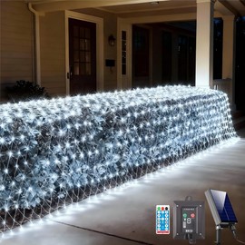 HEYCOLOR Solar Net Lights Outdoor, 240 LED USB Cool White Mesh Lights for Bushes Waterproof, 11.5ft x 5ft 8 Modes Green Wire String Light with Remote Christmas Trees Patio Indoor Decor