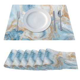 Placemats Set of 6, White Marble Place Mats, Heat-Resistant Double Sided Linen Polyester Fabric Placemat, Wipeable Table Place Mats for Farmhouse Kitchen Dining Table 12x18 in