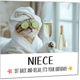 Niece Birthday Card - Sit back and Relax Cat Spa - Funny Birthday Cards for Niece
