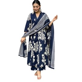 Sambhav Quilt Hub Womens Rayon Blend Anarkali Printed Kurta with Palazzo & Dupatta Festive Wedding Party Kurta Set (US, Alpha, Small, Regular, Regular, Blue)