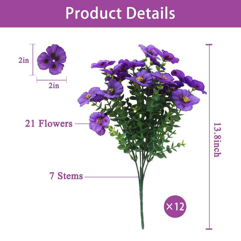 Artificial Flowers for Outdoors, 12 Bundles UV Resistant Pansy, Purple