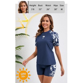 Halcurt - Traje de baño de dos piezas para mujer con protector de erupción integrado y pantalones cortos con bolsillos, Círculo azul marino, Small